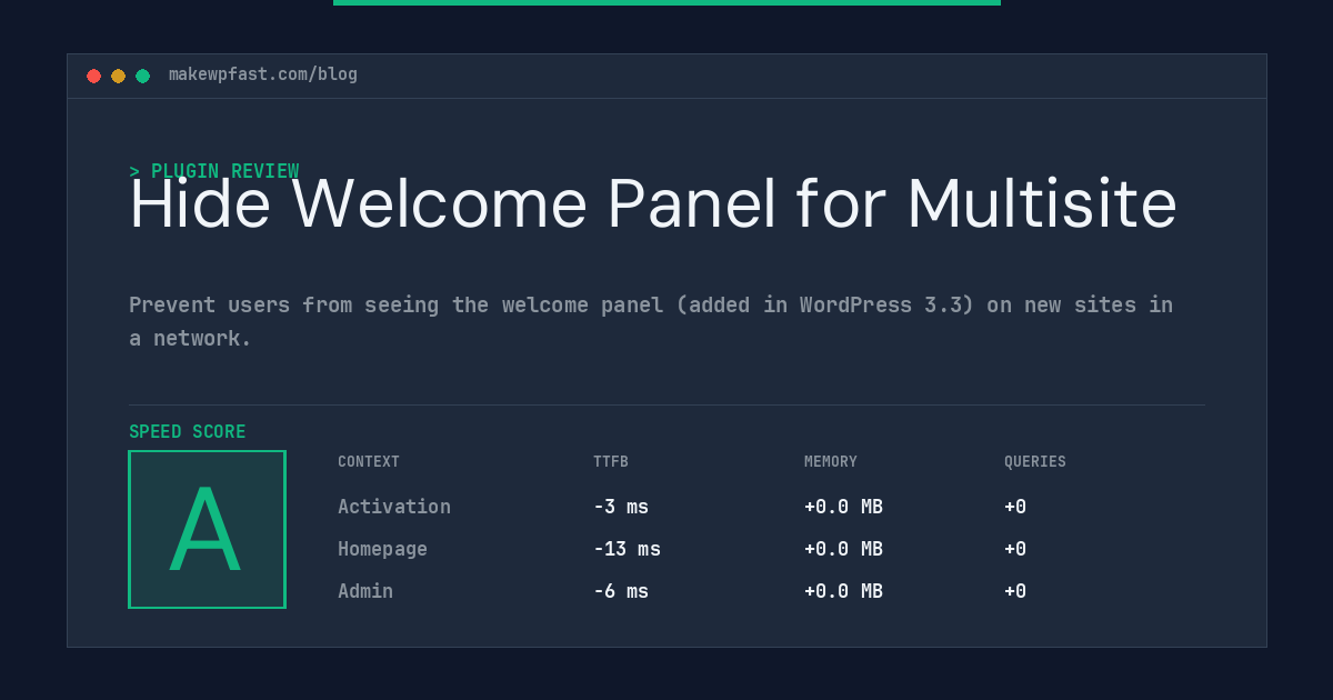 Hide Welcome Panel for Multisite - MakeWPFast